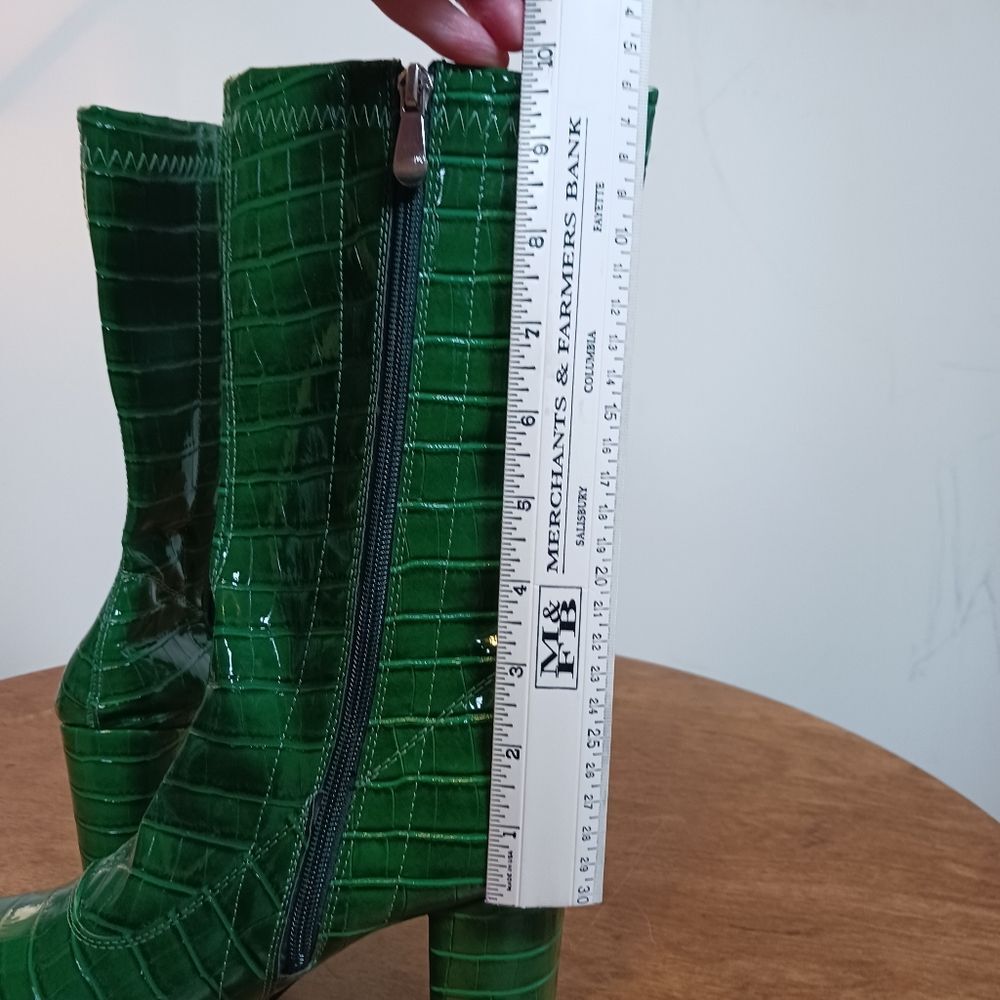 Emerald Green Croc Embossed Mid-Calf Boots Retro Glam Y2K Size EU 39 US 8.5 - Picture 7 of 11